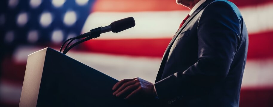 Businessman giving a speech at a podium in front of an American flag. - Powered by Adobe