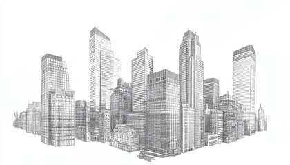 Naklejka premium Office building skyline, business district, pencil drawing, isolated on white background