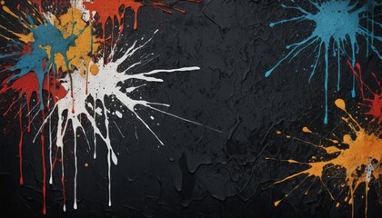Colorful splatters spread across a rugged black surface, showcasing a dynamic interplay of hues that captures a moment of bold artistic flair and spontaneity