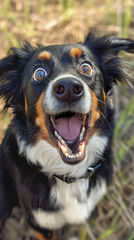 Fototapeta premium Funny dog portrait. Surprised shocked dog with wide eyes and open mouth looking at the camera