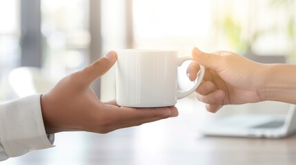 Office interaction: sharing a coffee break moment for workplace connection and team bonding.