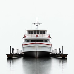 Obraz premium A ferry boat docked at the pier on calm water, isolated against a soft white background.