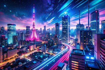 Fototapeta premium Neon Glow Synthwave Cityscape - Futuristic Tokyo Night Skyline in Vibrant Pink and Blue Hues