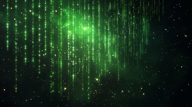 Digital rain of binary code in a cosmic green background