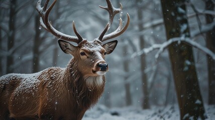 serene beauty in the natural world. The majestic red deer, adorned with snow-covered antlers, stands as a symbol of resilience and the enduring power of nature.