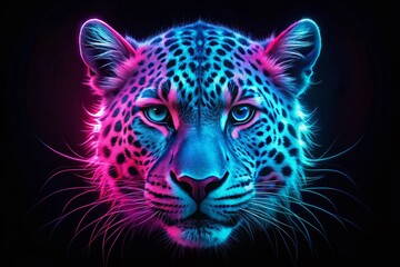 Obraz premium Neon Pink and Blue Glowing Cheetah Face Digital Art on Black Background for Stunning Visuals