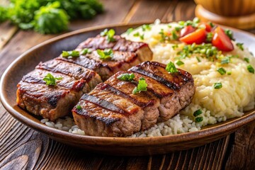 Delicious grilled meat and rice ready to eat