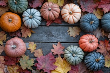 Fototapeta premium Colorful Pumpkins Surrounded by Autumn Leaves