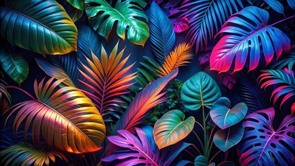 Neon Tropical Paradise: Iridescent Leaves Glow in the Dark, Capturing Nature's Vibrant Hues in a Surreal Landscape