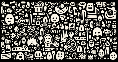 Obraz premium A colorful collage of playful doodles featuring various characters, objects, and symbols, creating a whimsical and artistic design.
