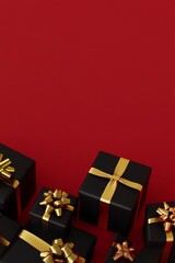 Elegant black gift boxes with gold ribbons against a vibrant red background.