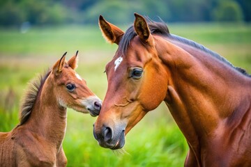 Fototapeta premium Mother horse nuzzling foal in touching scene
