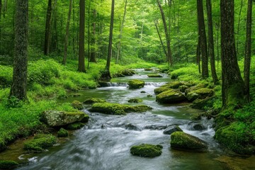 Fototapeta premium Serene Stream Flowing Through Vibrant Green Forest