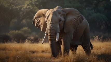 Fototapeta premium A African elephant stands in a dusty, open savanna. Its large, wrinkled skin is a rich brown color. The elephant's ears are spread wide, showcasing their impressive size and intricate folds.