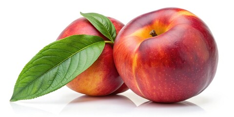 Low angle ripe red peach with peach leaves isolated on white background with clipping path