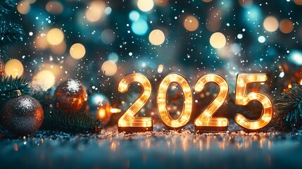 Stunning 2025 New Year Celebration with Glittering Lights, Confetti, and Festive Elements
