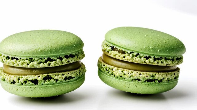 Two green macarons with a creamy filling, ready to be enjoyed