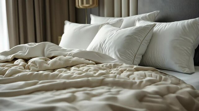 A freshly made bed with soft, white pillows and a fluffy comforter is ready for a restful night's sleep