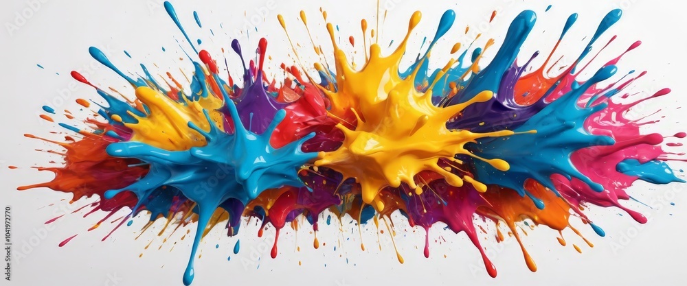 Wall mural a dynamic array of colorful paint splashes bursts across a crisp white background, showcasing a cele