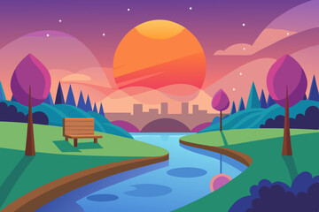 A digital painting of a park with a sunset and a river