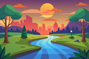 A digital painting of a park with a sunset and a river