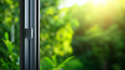 A detailed view of an aluminum window&acirc;s hinge and frame, with the metallic shine reflecting the natural light, set against a blurred green outdoor scene, capturing the essence of e