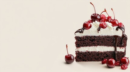  Slice of rich Black Forest cake topped with glossy cherries and drizzled with chocolate syrup.