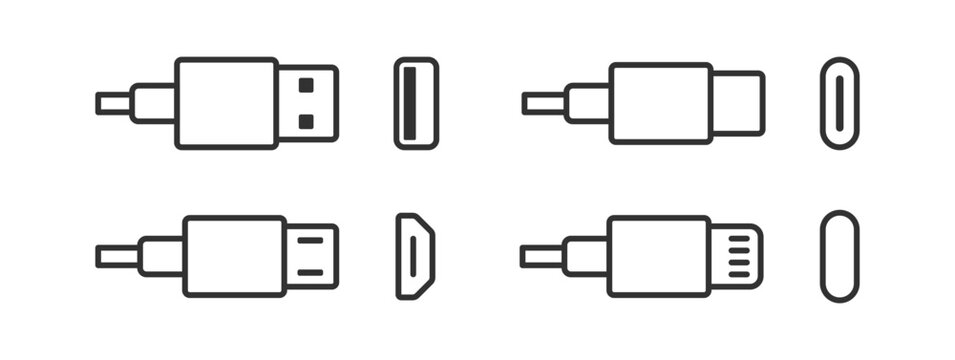 Usb cable icon. Type C port. Lightning connector. Computer wire. Micro usb adapter.