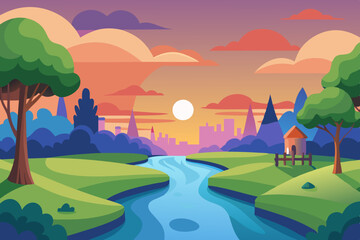 Obraz premium A digital painting of a park with a sunset and a river