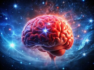 Fototapeta premium Night Photography of a Glowing Red Human Brain Under Starry Sky for Neuroscience Studies