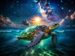 Obraz premium Night Photography of a Green Sea Turtle Breaching the Surface in Hawaii's Ocean Waters