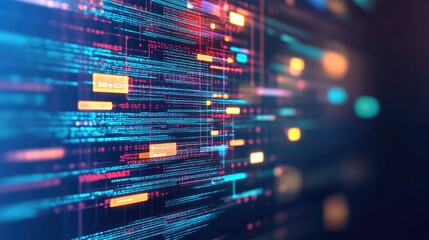 Abstract Code Screen with Blue and Red Lights, Futuristic Technology Background