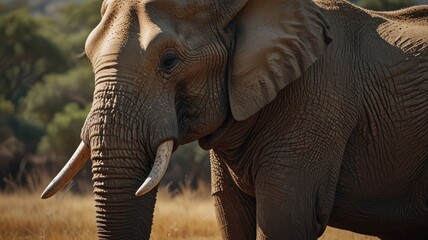 A African elephant stands in a dusty, open savanna. Its large, wrinkled skin is a rich brown color. The elephant's ears are spread wide, showcasing their impressive size and intricate folds.
