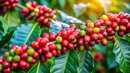 Panoramic view of ripe arabica coffee berries on tree branch in plantation