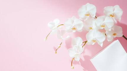 Fototapeta premium White Orchids on Pink Background: Elegant Floral Arrangement