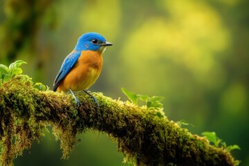 Fototapeta premium Blue Bird Perched Gracefully on Mossy Branch