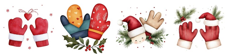 Colorful winter mittens with festive decorations on a white background.