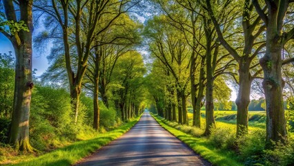 Narrow road going through trees in countryside under blue sky high angle view