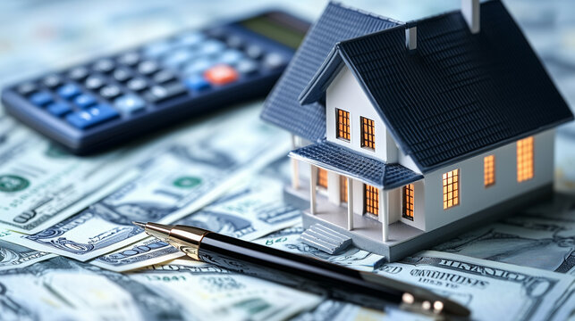 A miniature house set on a desk with a mortgage calculator and pen, capturing the essence of real estate financing and property investment.