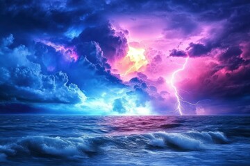 Naklejka premium Stunning Vibrant Storm Display Over Ocean Horizon