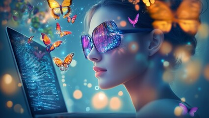 A stylish woman in glasses smiles while working on her laptop, showcasing a blend of fashion and professionalism in a vibrant vector illustration