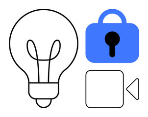 Depicts a light bulb, blue padlock, and video camera symbol. Ideal for creativity, security, media, innovation, and technology themes. Simplistic and minimal design. Black and blue colours. Vector