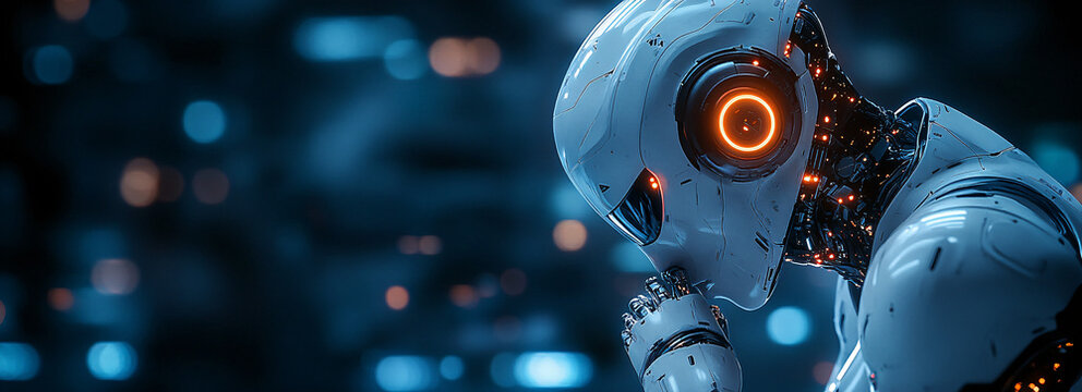 A futuristic humanoid robot in a minimalist setting, perfect for AI technology promotions, science fiction themes, or innovation events. Ideal for tech marketing materials.