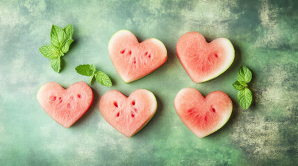 Fototapeta premium Heart Shaped Watermelon Slices with Mint Leaves - Summer Fruit Delight