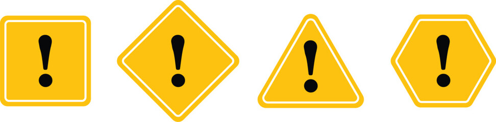 Set of square, rhombic, triangular and hexagonal red road signs Isolated in White background with exclamation point. Caution sign. Vector icons for warning about the situation on the road