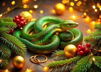 Fototapeta premium Night Photography of Green Snake Among Spruce Branches and Golden Balls for Chinese New Year Celebration