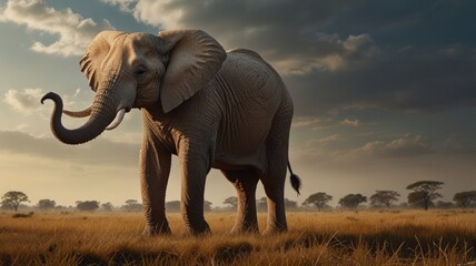 Fototapeta premium A African elephant stands in a dusty, open savanna. Its large, wrinkled skin is a rich brown color. The elephant's ears are spread wide, showcasing their impressive size and intricate folds.