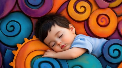 Sleeping child surrounded by vibrant, colorful swirls creates a dreamy atmosphere, AI