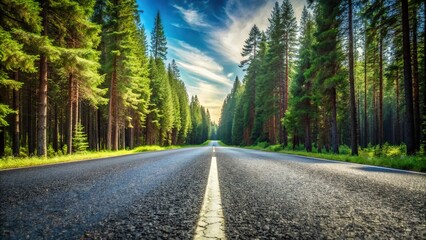 Naklejka premium Neatly flexible asphalt road through minimalist landscape with pine forest