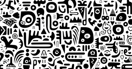 A dynamic composition of abstract black and white shapes and symbols, showcasing creative patterns and artistic expression.